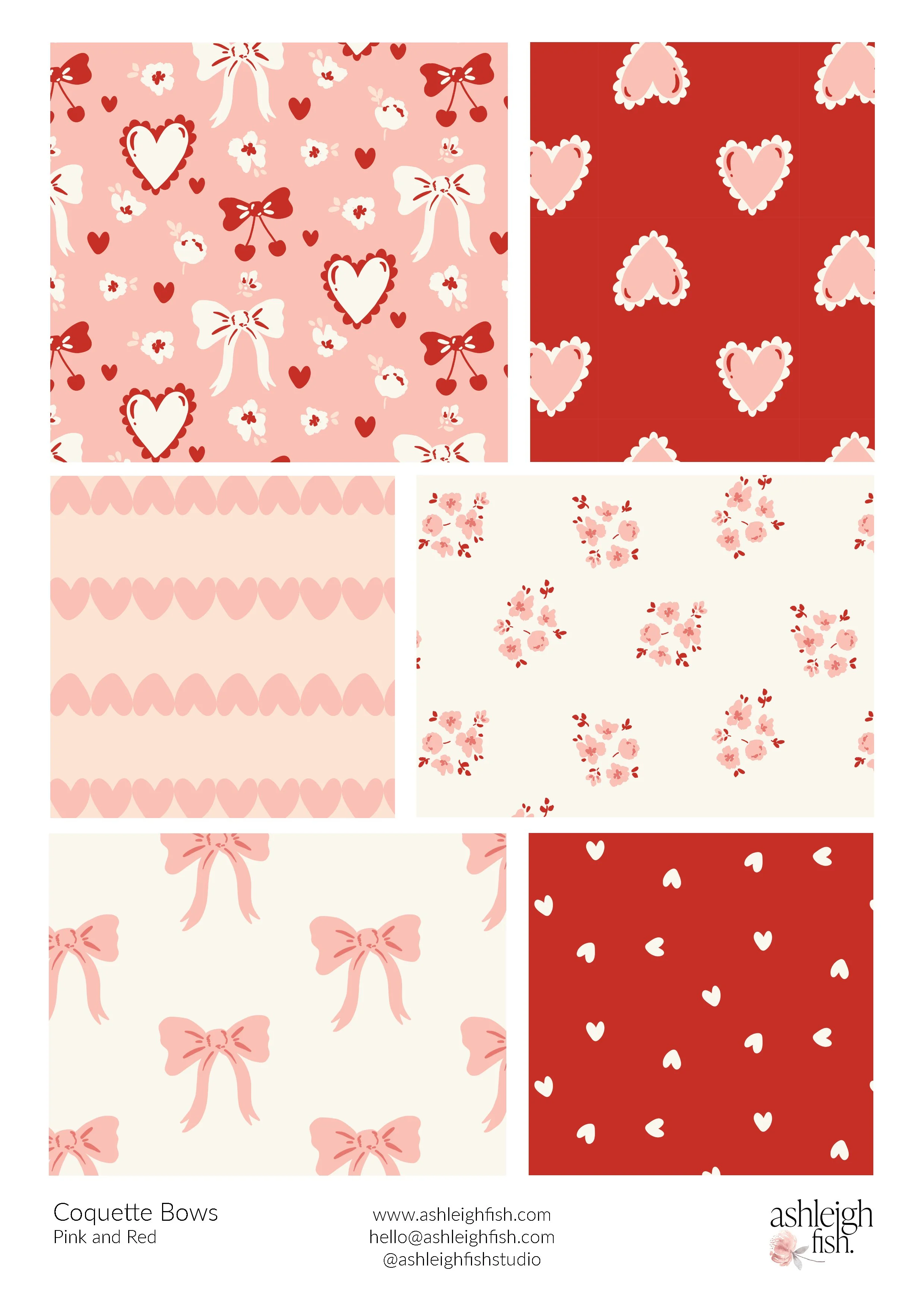 Collage of six pink and red patterned designs with hearts, bows, and flowers.