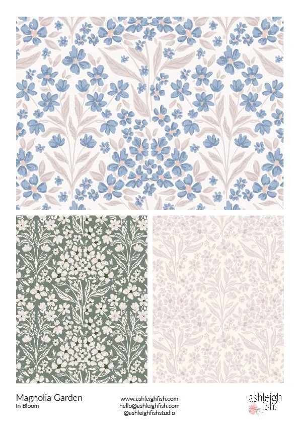Three floral patterns with blue, green, and neutral tones from the Magnolia Garden collection by Ashleigh Fish.