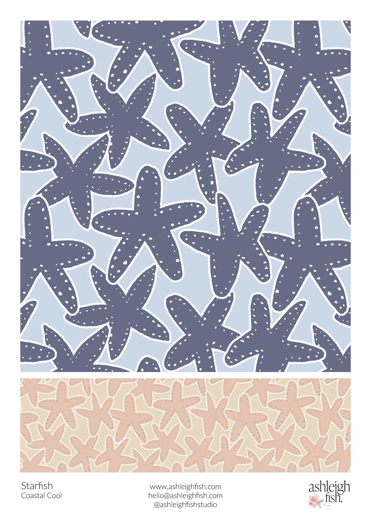 Pattern of starfish illustrations in blue and beige colors.