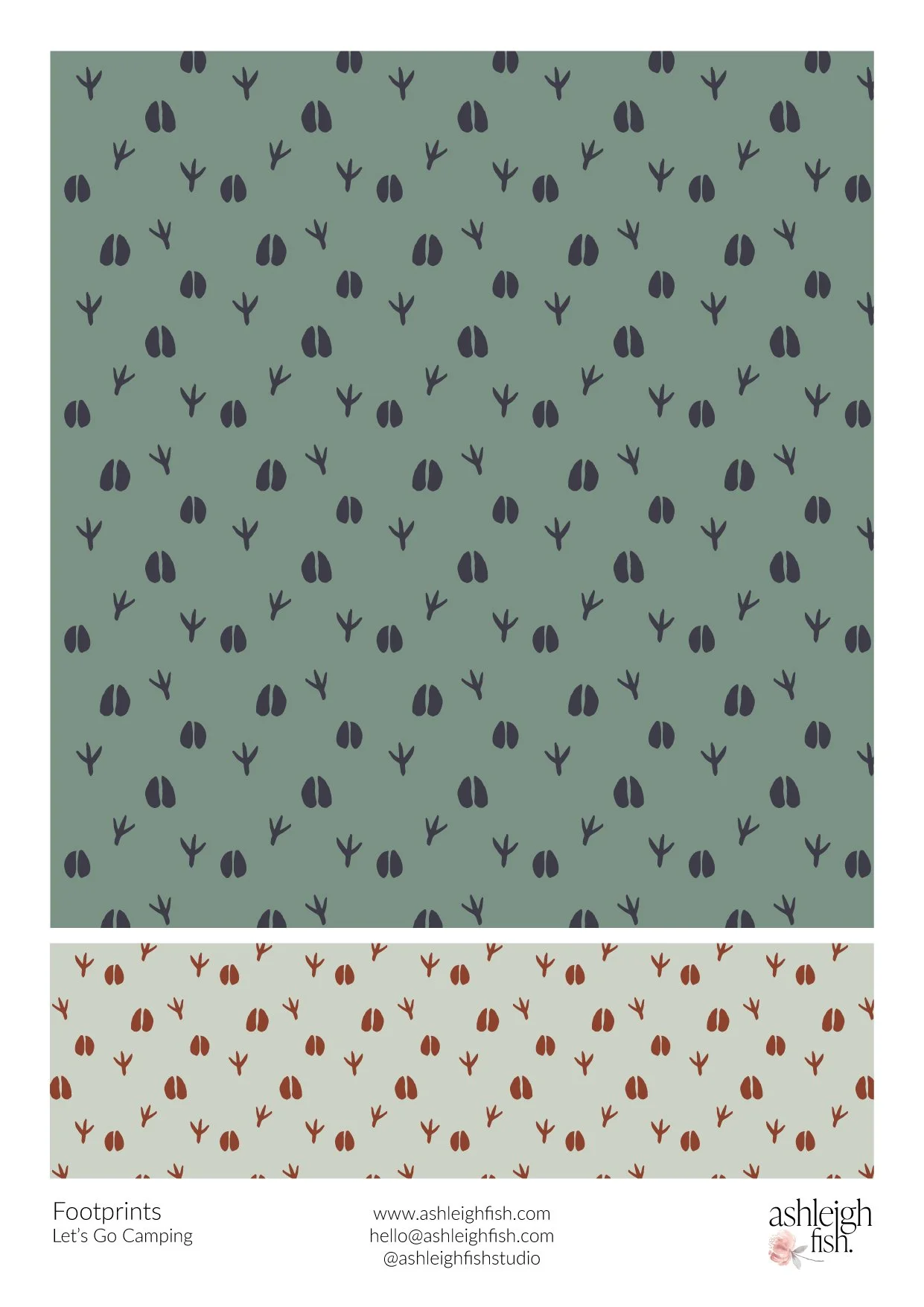 Patterned design featuring animal footprints, with a green background displaying black hoof and bird prints, and a beige background with brown prints.