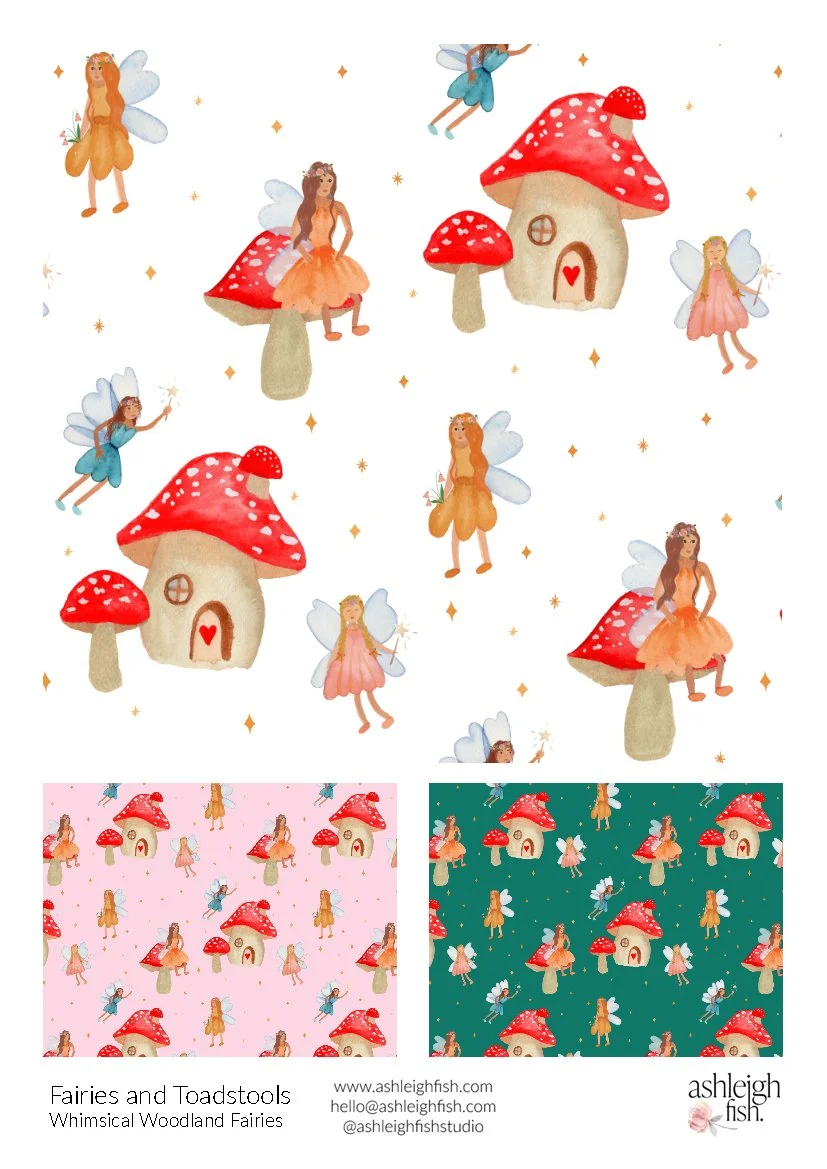 Pattern with whimsical fairies and toadstool houses, featuring fairies with wings, wearing colorful dresses, and red-capped mushroom houses. Includes a pink and green color variation."}