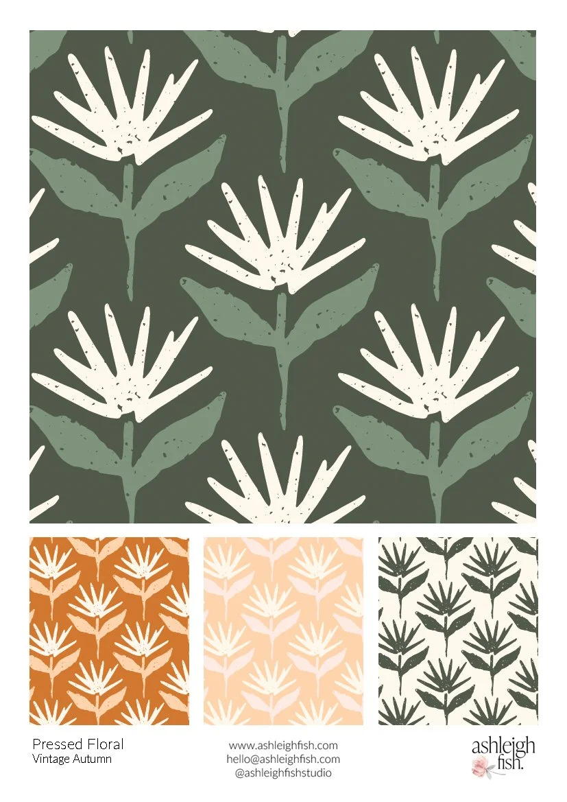 Vintage floral pattern in three color variations featuring stylized white flowers with green leaves on green, orange, and peach backgrounds.