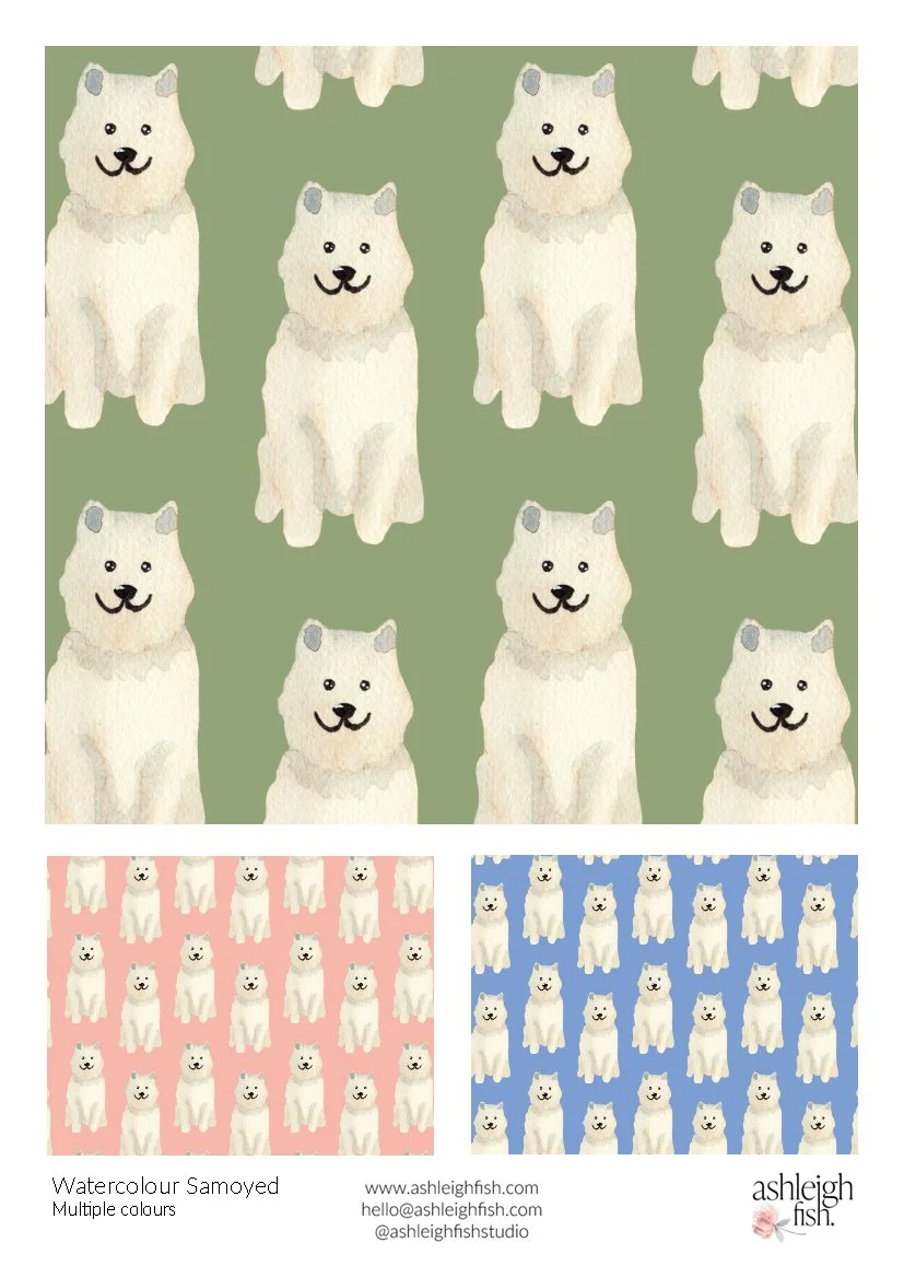 Watercolor patterns featuring Samoyed dogs on green, pink, and blue backgrounds.