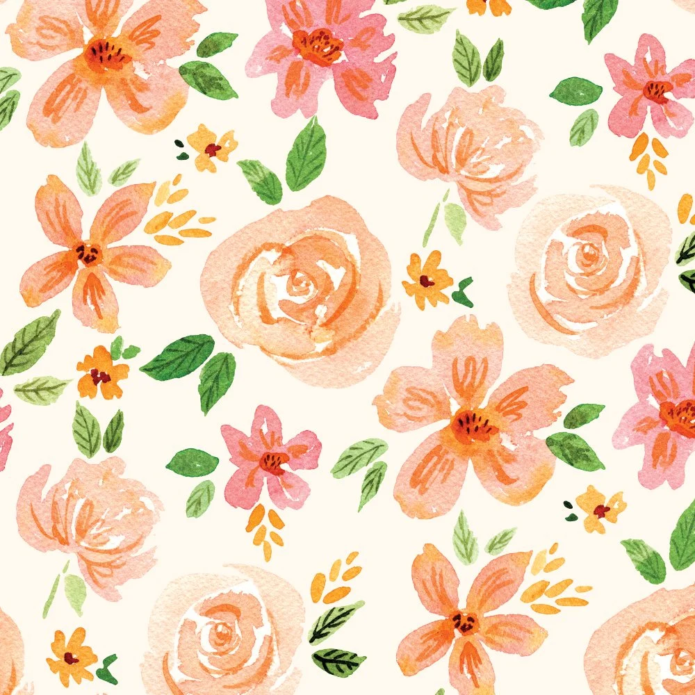 Watercolor floral pattern with peach, pink, and orange flowers, and green leaves on a cream background.