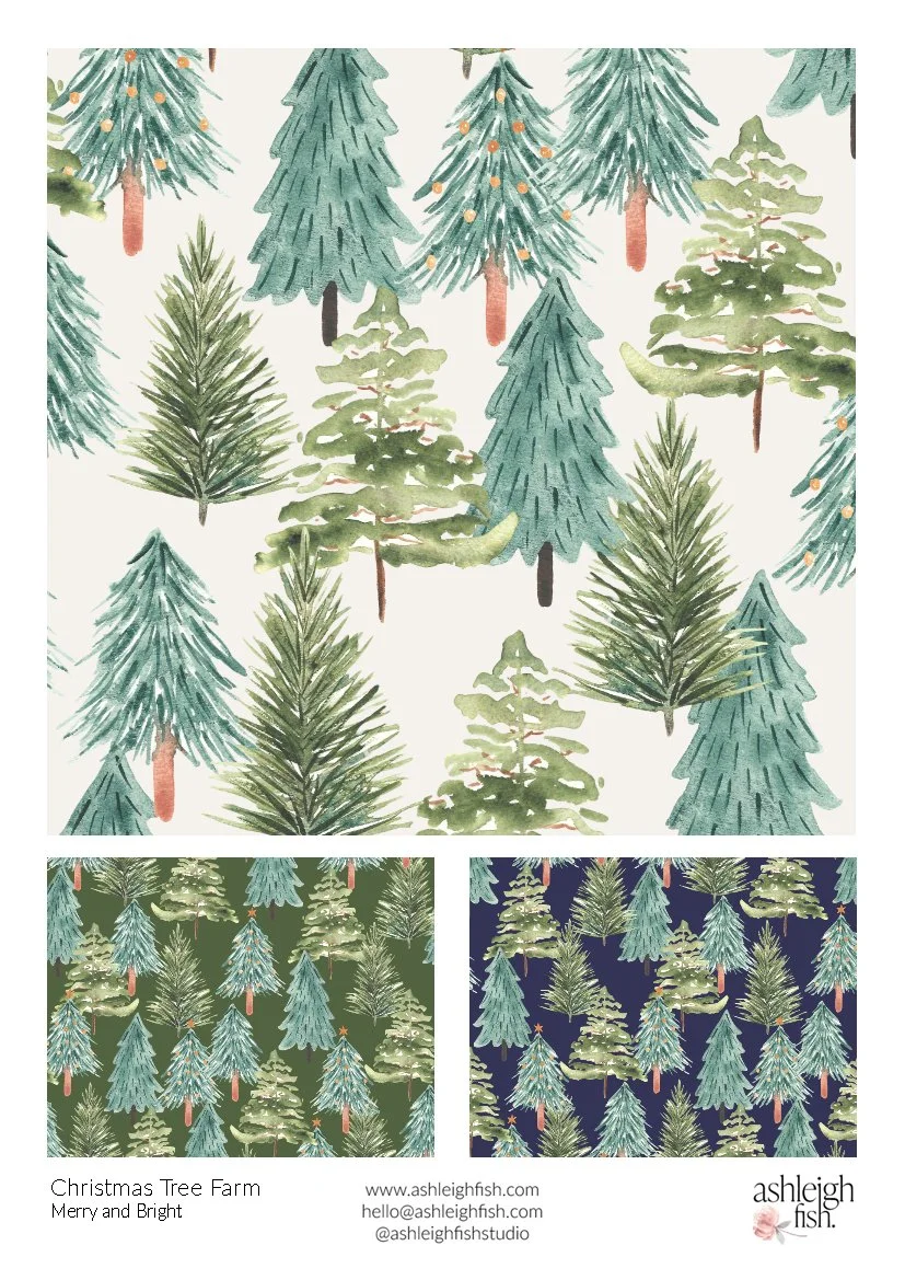 Pattern featuring watercolor Christmas trees in green, blue, and various shades on different background colors.