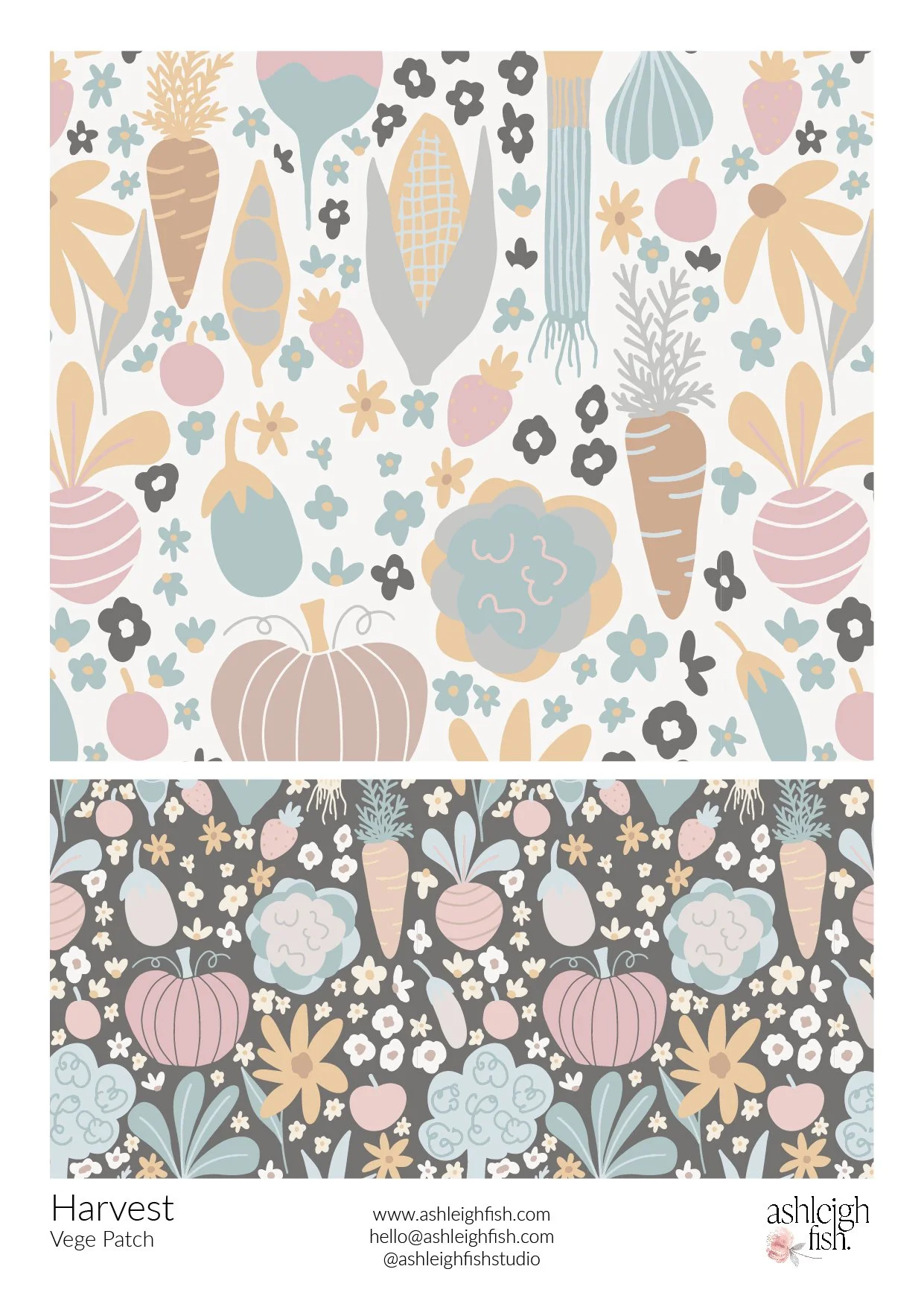 Seamless pattern with vegetables like carrots, pumpkins, and corn, surrounded by flowers and leaves in pastel colors. Includes contact information for ashleighfish.com.