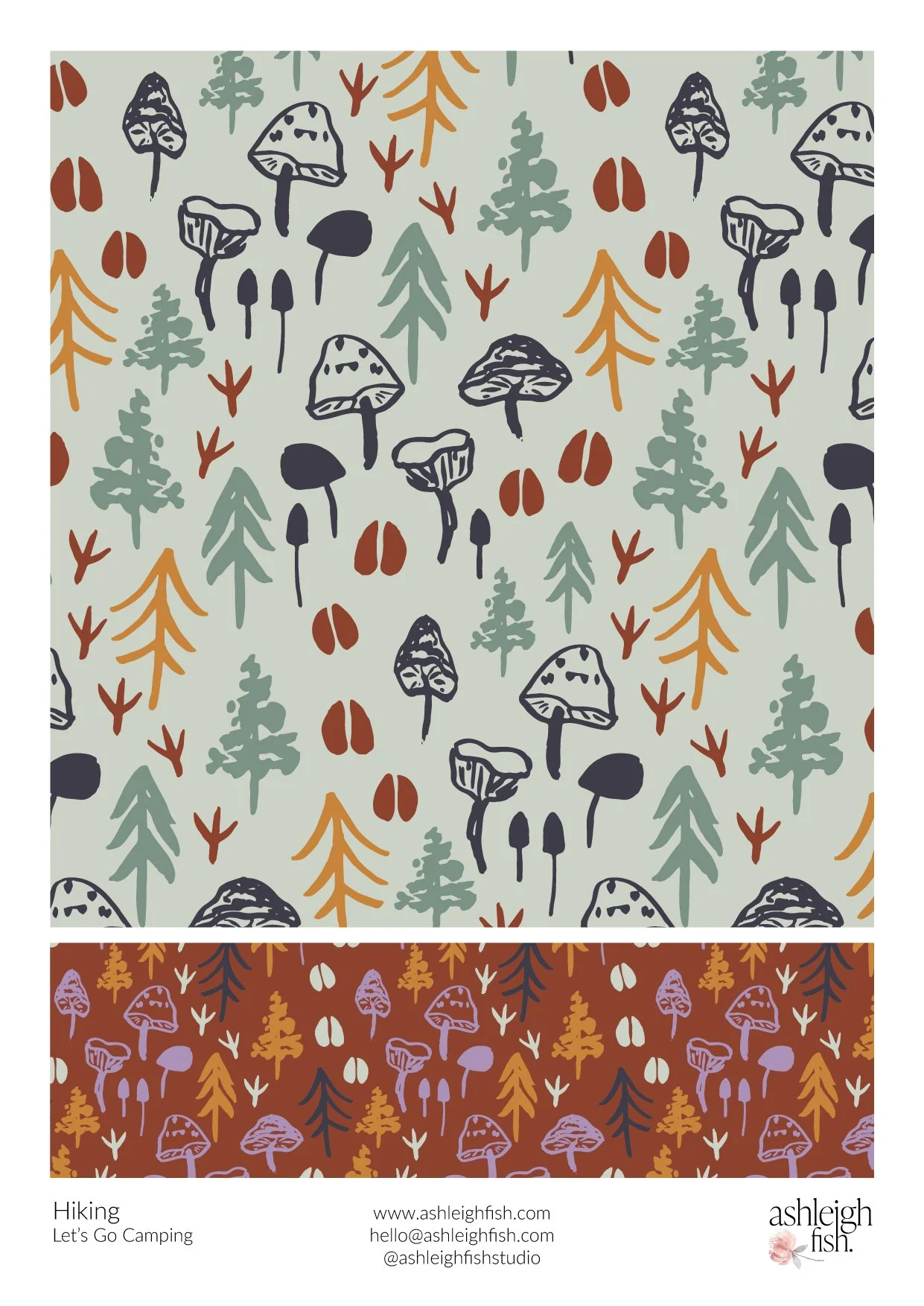 Pattern design featuring various mushrooms, trees, and leaves in earth tones and pastels, by Ashleigh Fish.