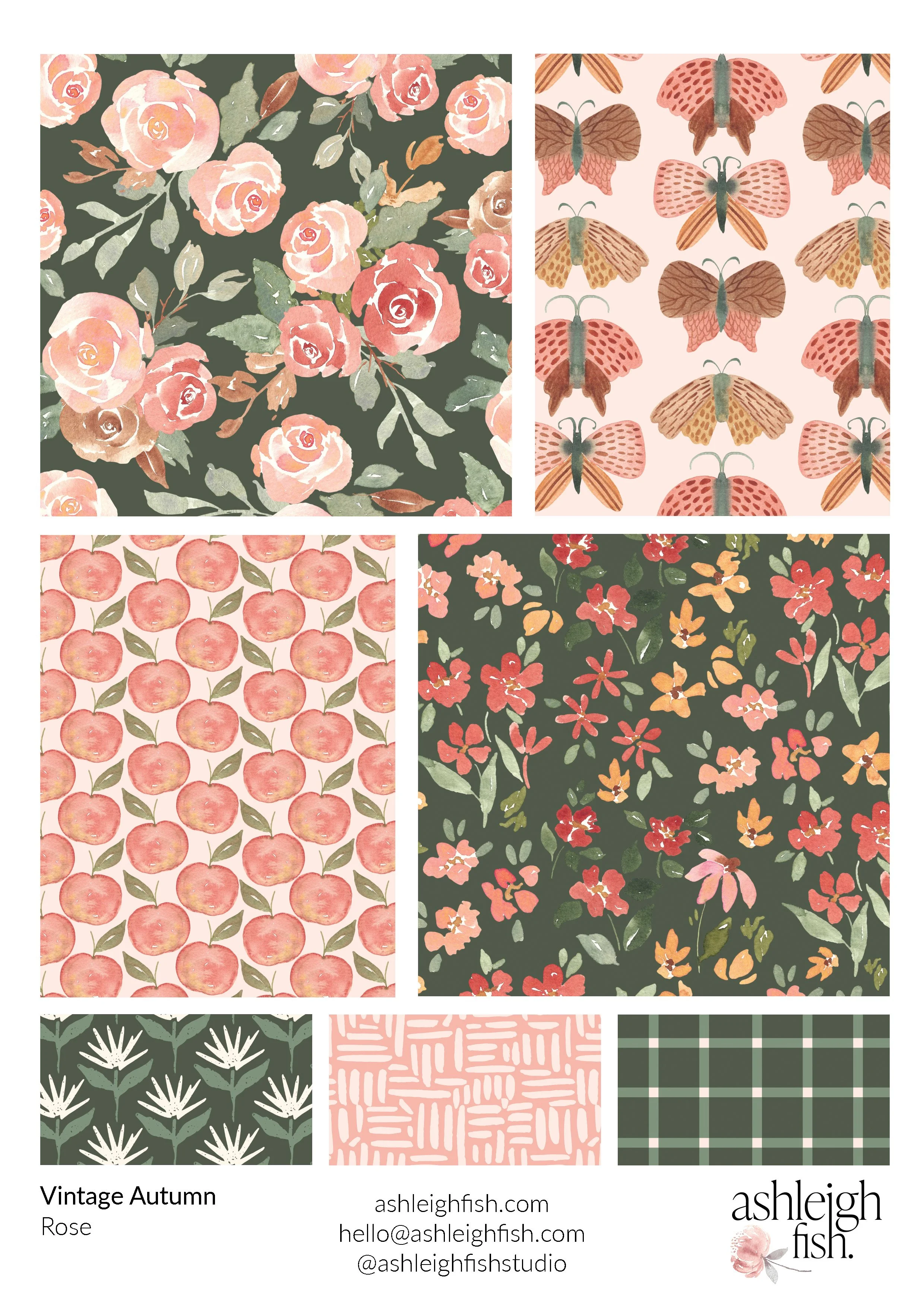 Collage of vintage autumn patterns with flowers, moths, peaches, checks, and abstract designs