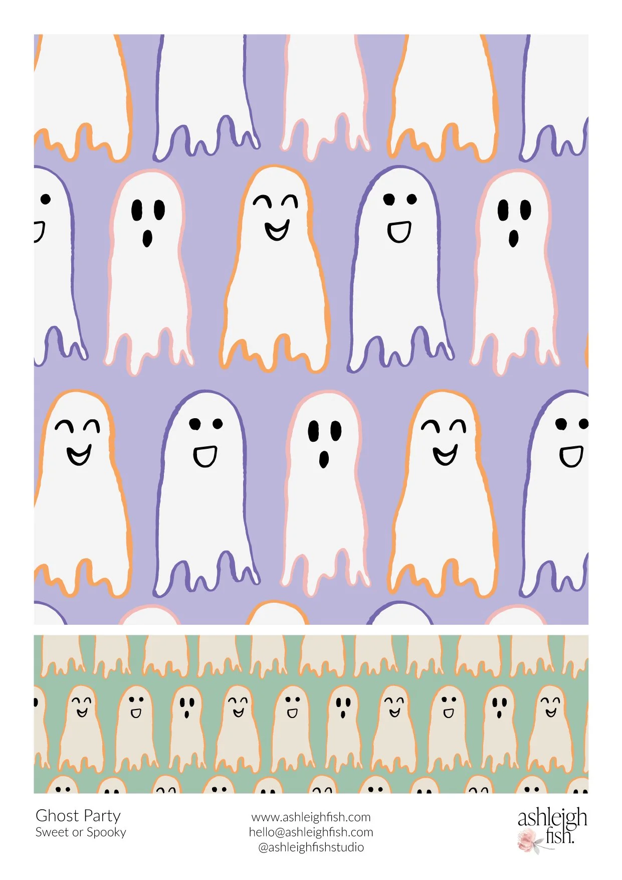 Pattern illustration featuring cartoon ghosts with different facial expressions on purple and green backgrounds, created by Ashleigh Fish.