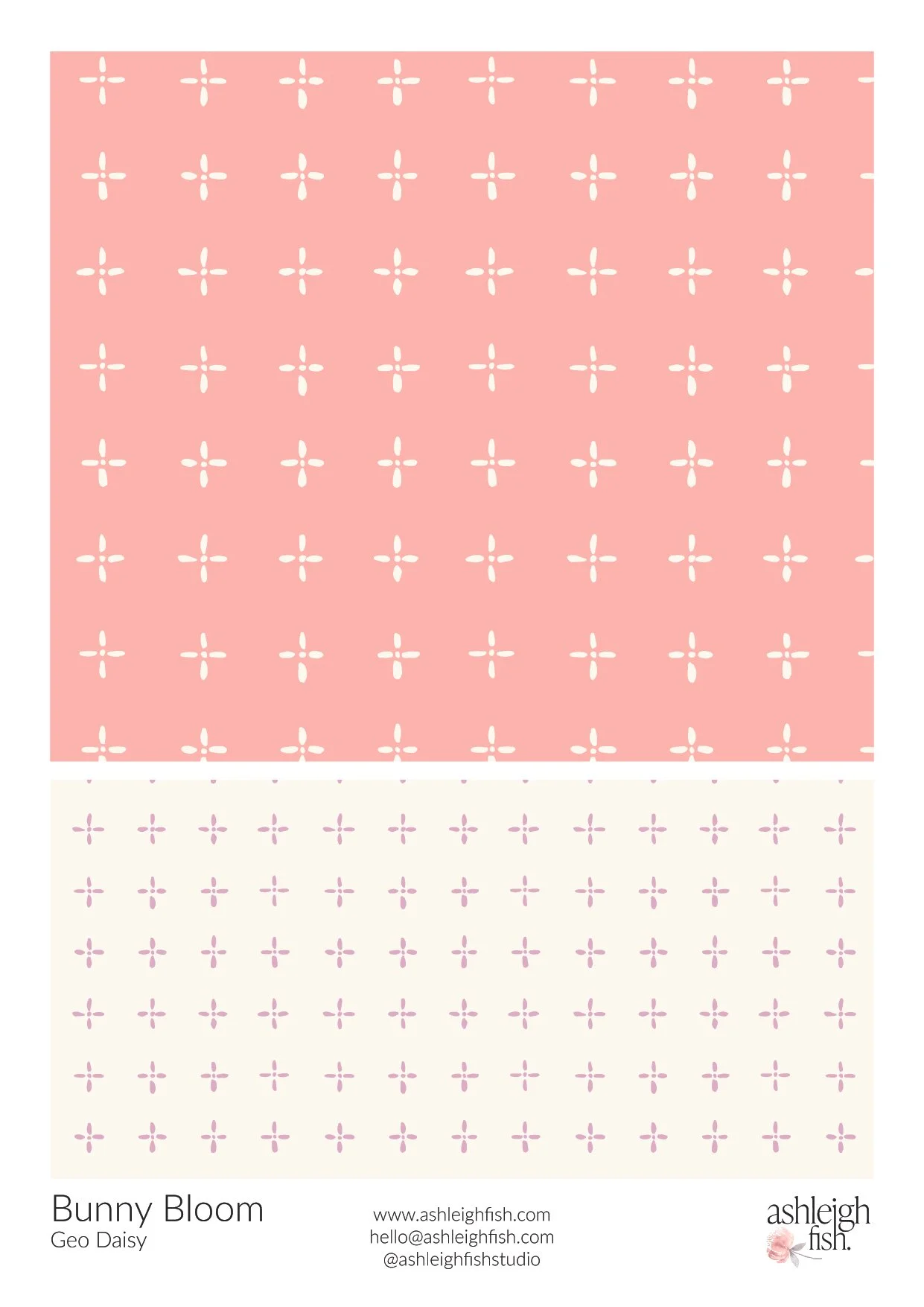 Pattern design by Ashleigh Fish featuring a pink geometric daisy pattern on a white and peach background.