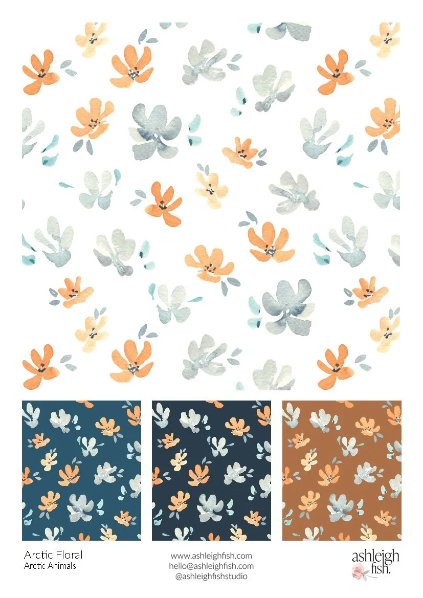 Watercolor floral pattern with orange and blue flowers on a white background, with variations in dark blue and brown at the bottom. Design by Ashleigh Fish.