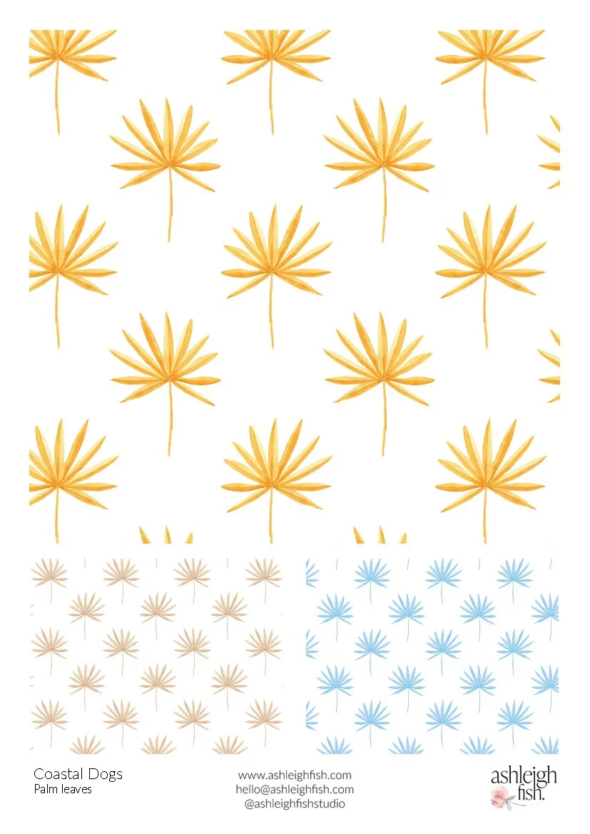 Palm leaf pattern design in various colors on a white background
