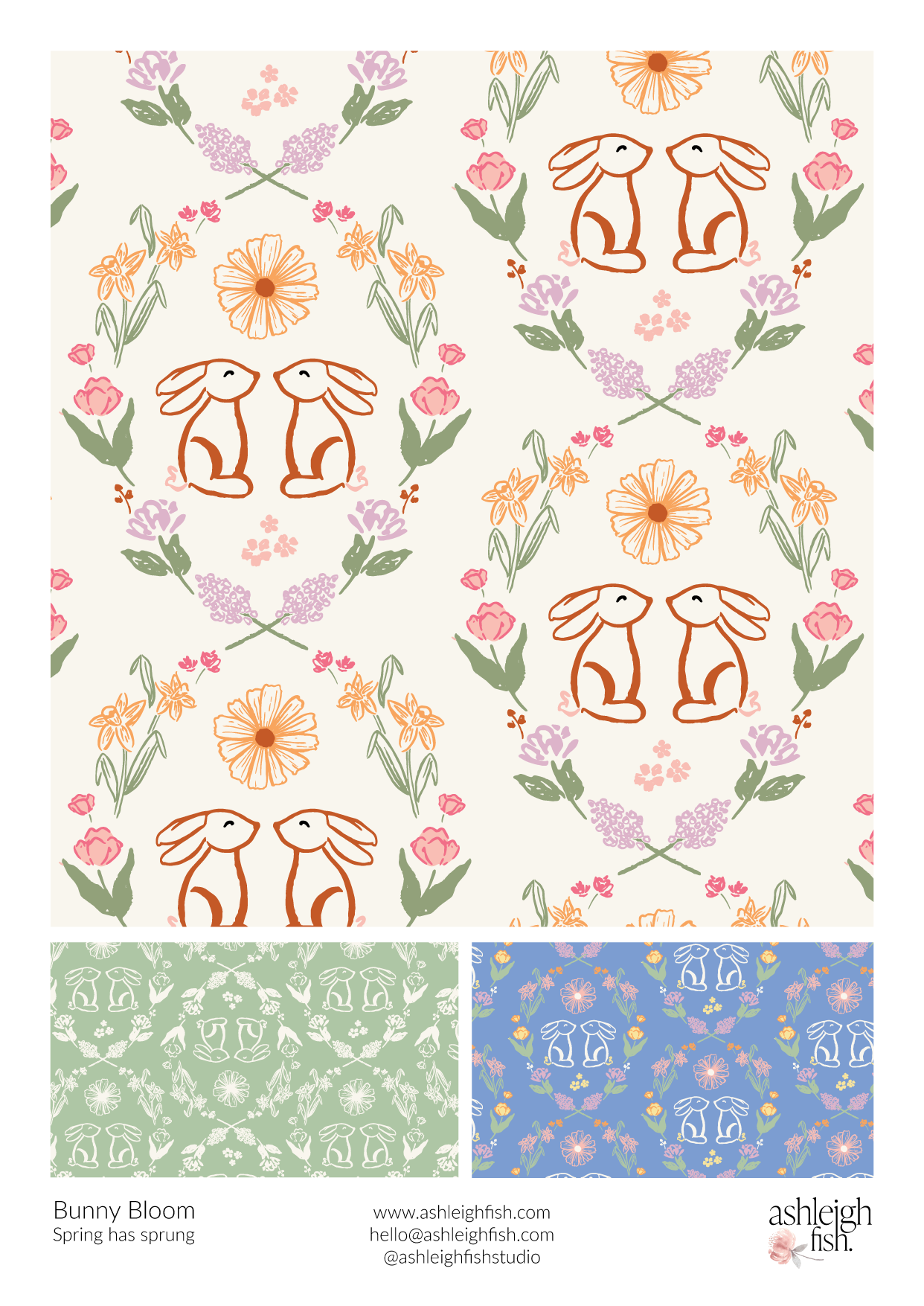 Pattern design featuring illustrated rabbits and spring flowers in pastel colors.