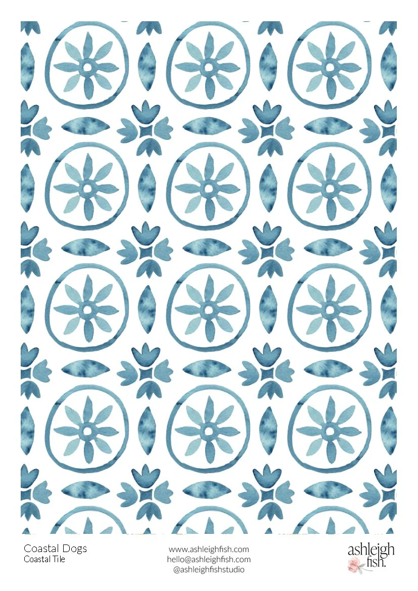 Blue floral and geometric pattern with circular and leaf-like shapes on a white background.