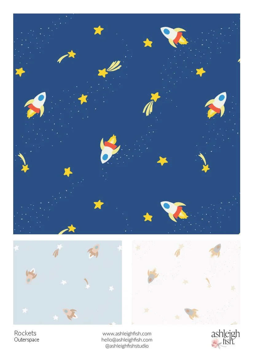 Patterned design featuring rockets, stars, and comets on a dark blue, light blue, and white background.