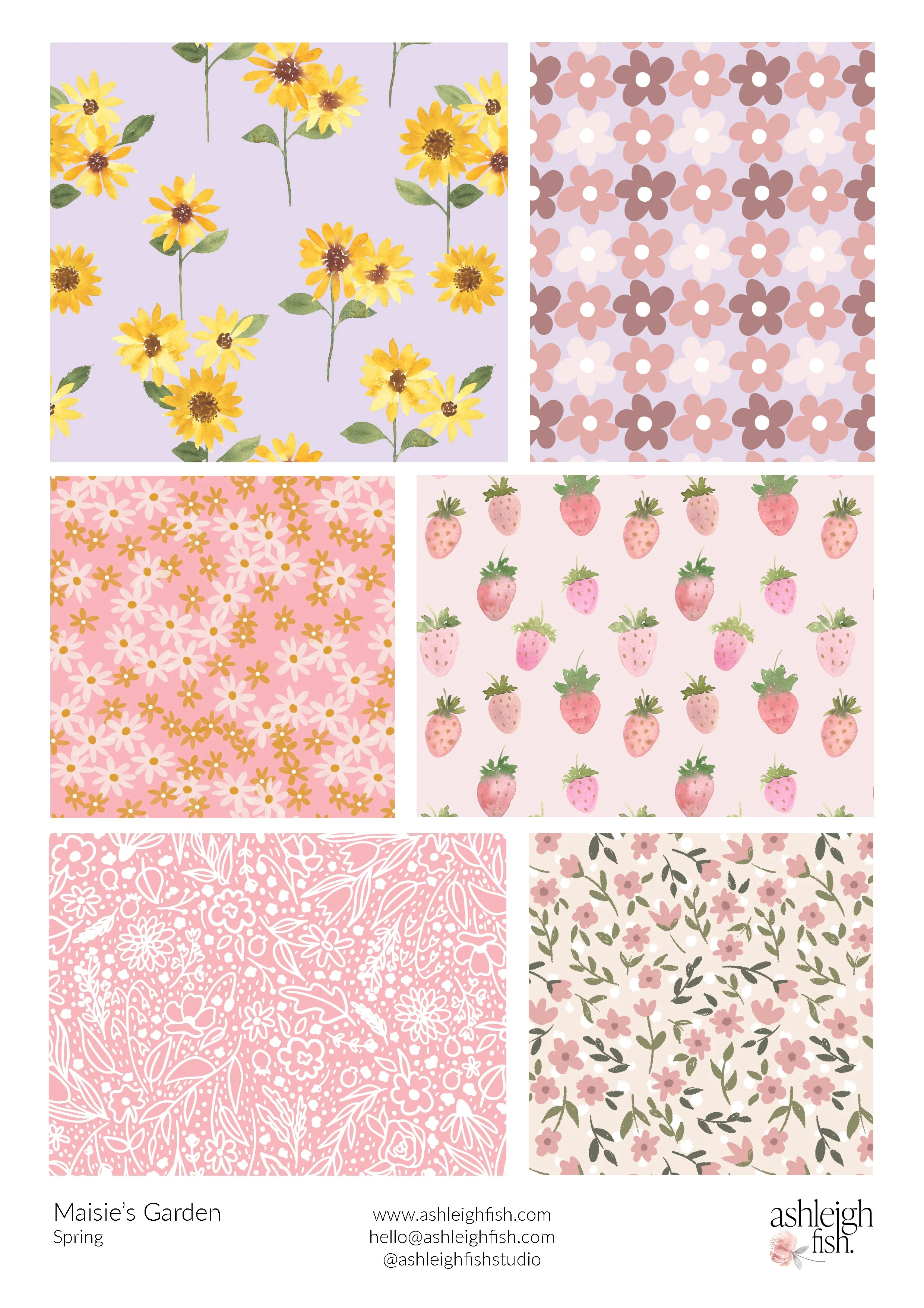 Collection of floral and fruit patterns; includes sunflowers, daisies, strawberries, and abstract floral designs in pastel colors.