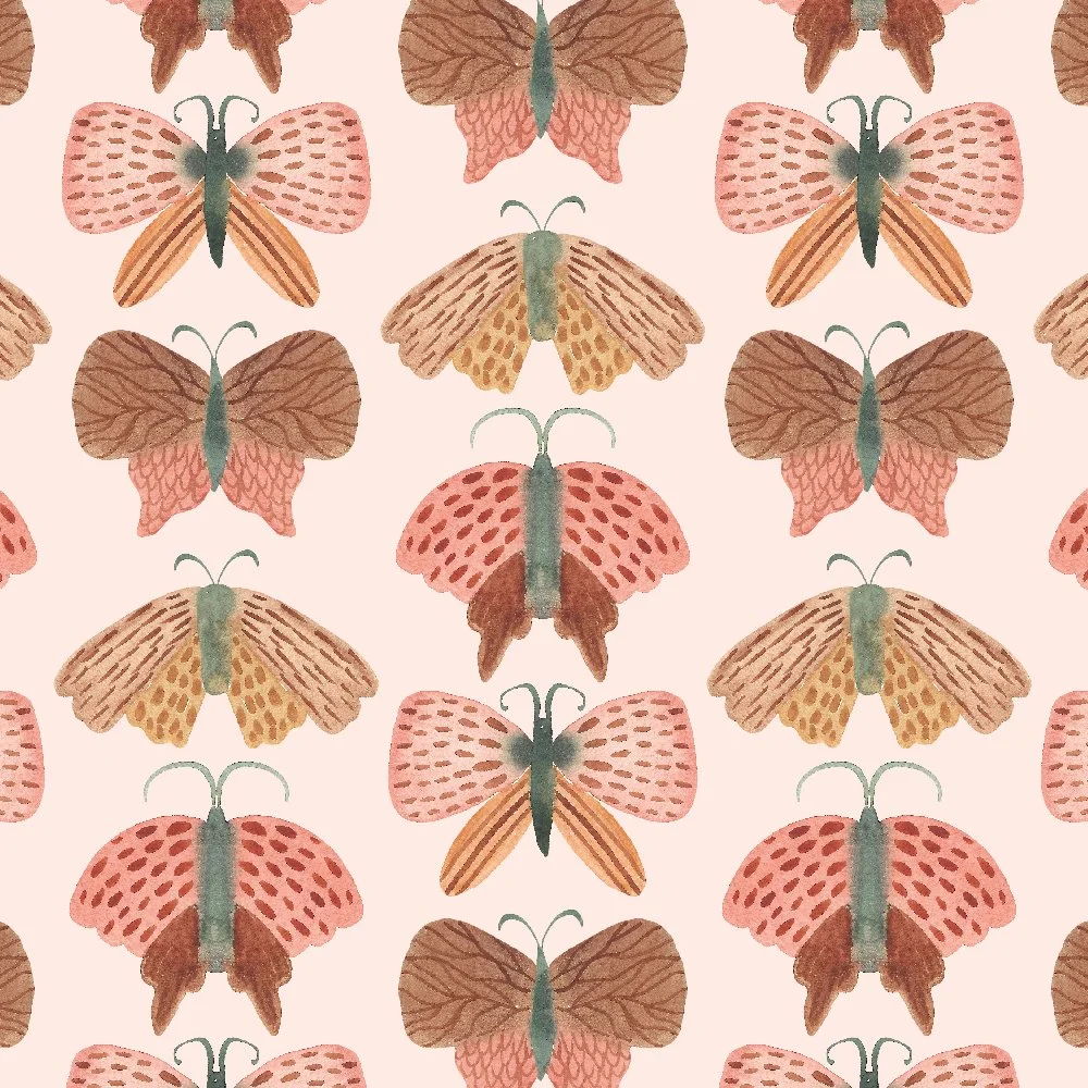 Seamless pattern of watercolor butterflies in pastel colors, arranged in a grid on a light background.