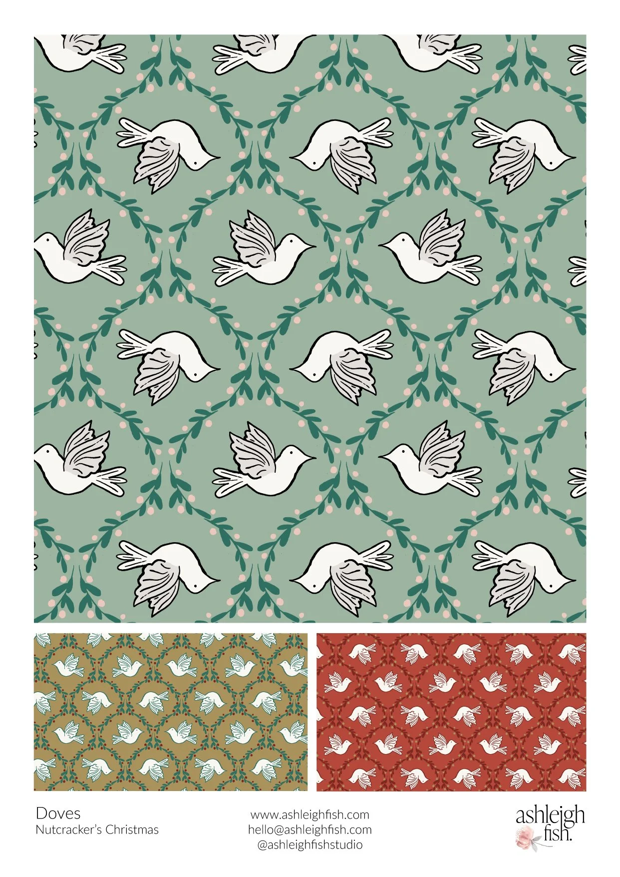Seamless patterns featuring doves and mistletoe branches. The main design is on a green background, with additional variations on gold and red backgrounds. Designed by Ashleigh Fish for Nutcracker's Christmas.
