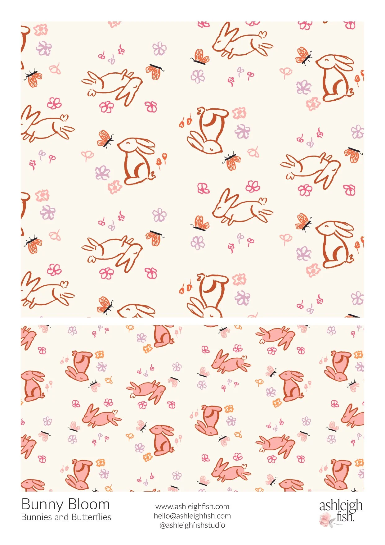 Pattern with bunnies, butterflies, and flowers in soft colors