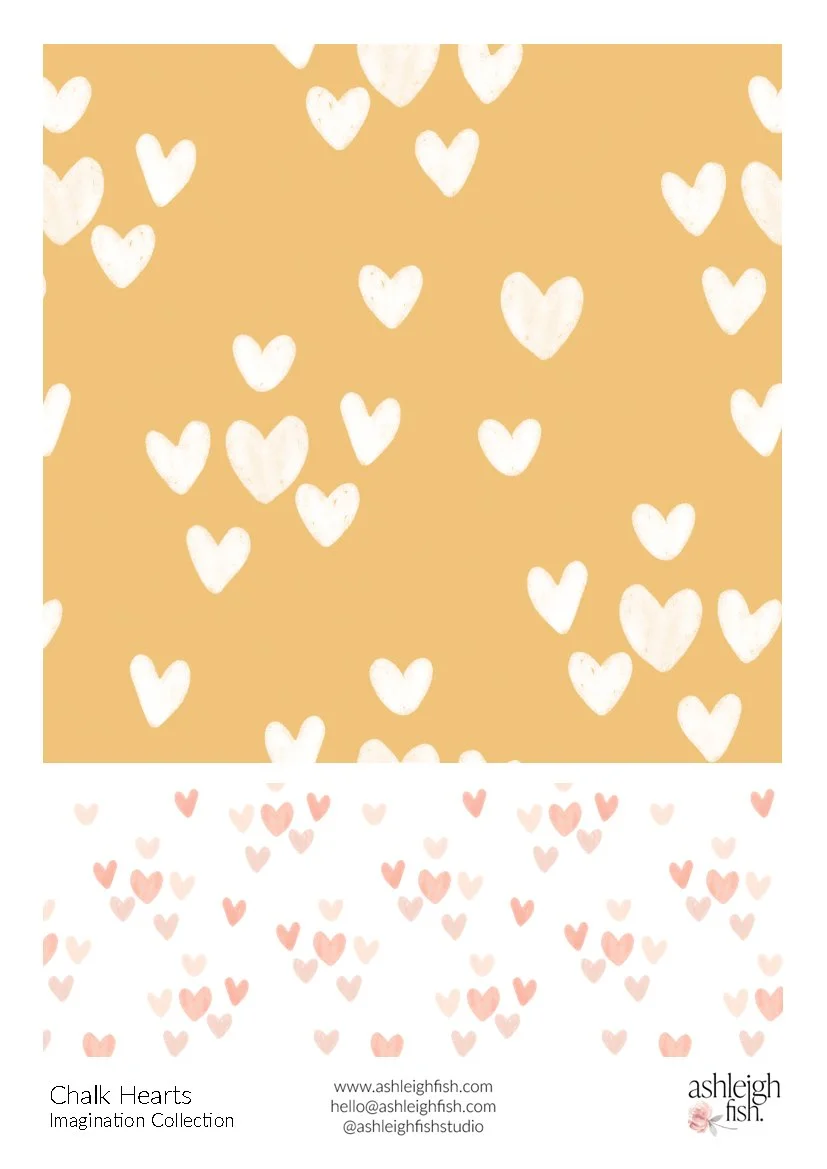 Pattern of white and pink chalk hearts on orange and white backgrounds with text "Chalk Hearts Imagination Collection" and contact details for Ashleigh Fish.