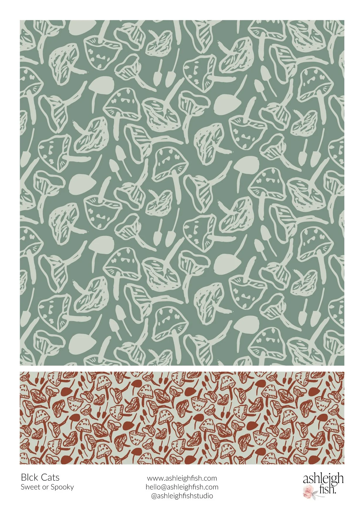 Pattern designs featuring hand-drawn mushrooms; green background with white mushrooms and beige background with brown mushrooms.