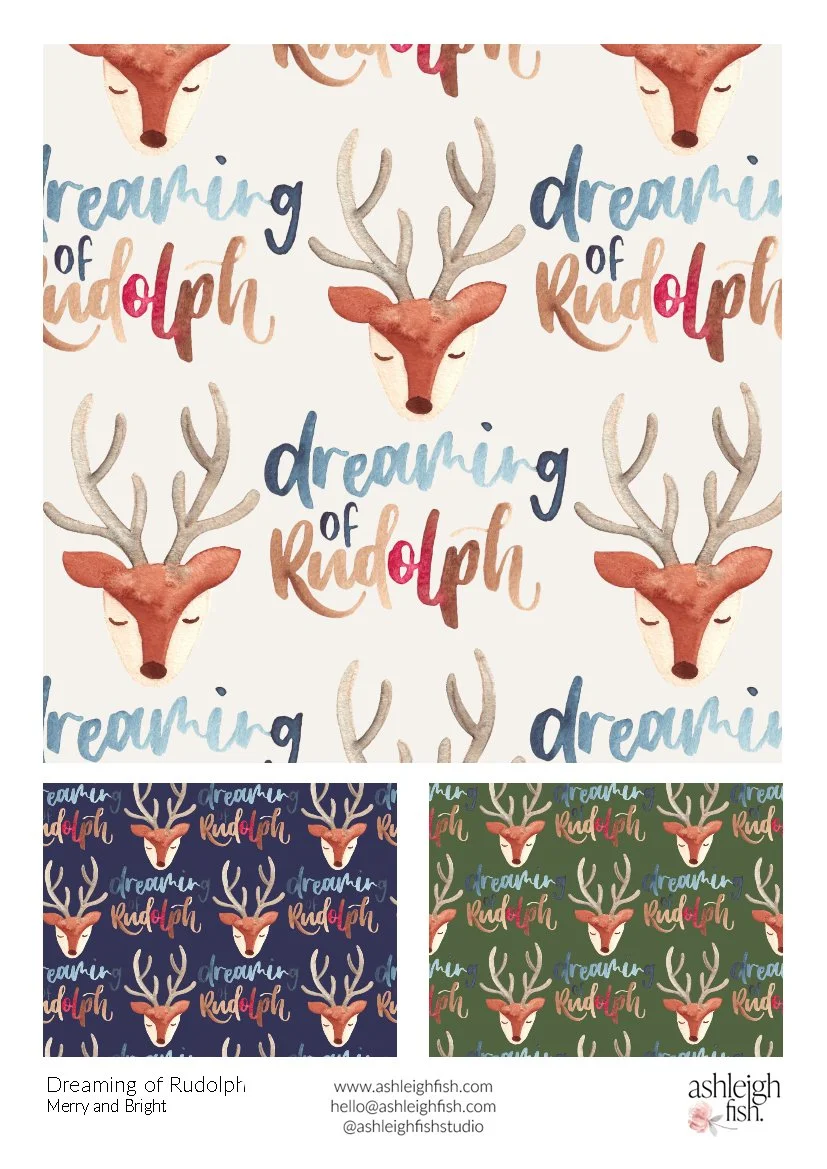 Pattern with watercolor reindeer heads and 'dreaming of Rudolph' text.