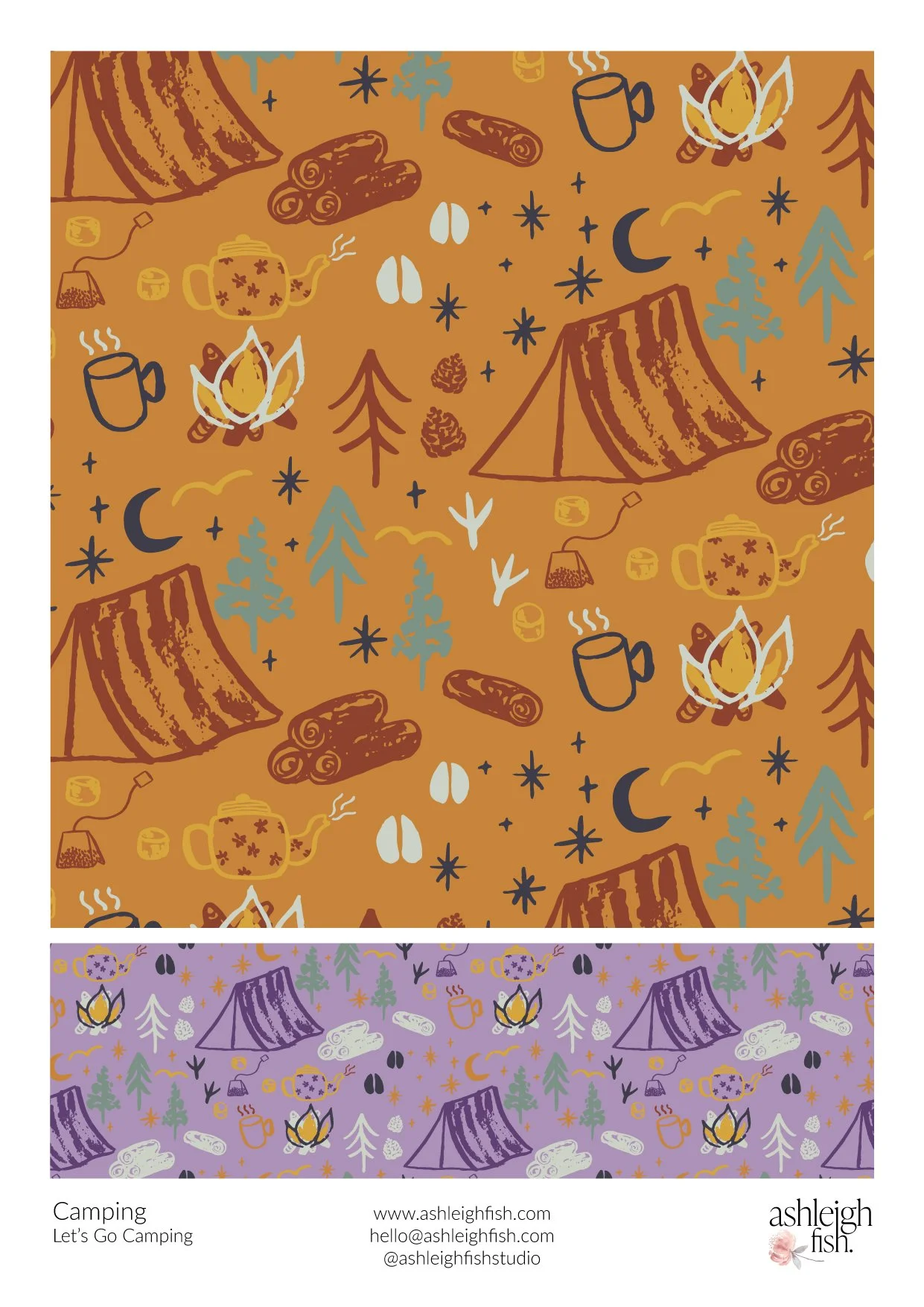 Camping-themed patterns with tents, campfires, trees, logs, tea kettles, and mugs on orange and purple backgrounds.