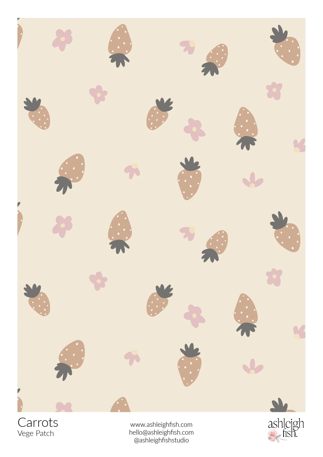 Pattern featuring illustrations of small strawberries and pink flowers on a beige background.