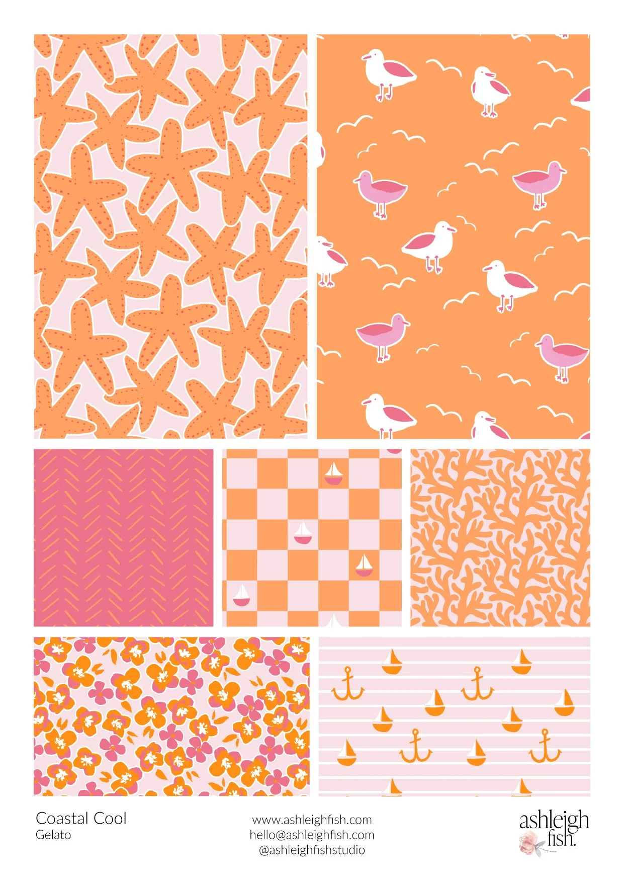 Collage of coastal-themed patterns featuring starfish, seagulls, sailboats, coral, flowers, and anchors in orange and pink hues against various backgrounds.