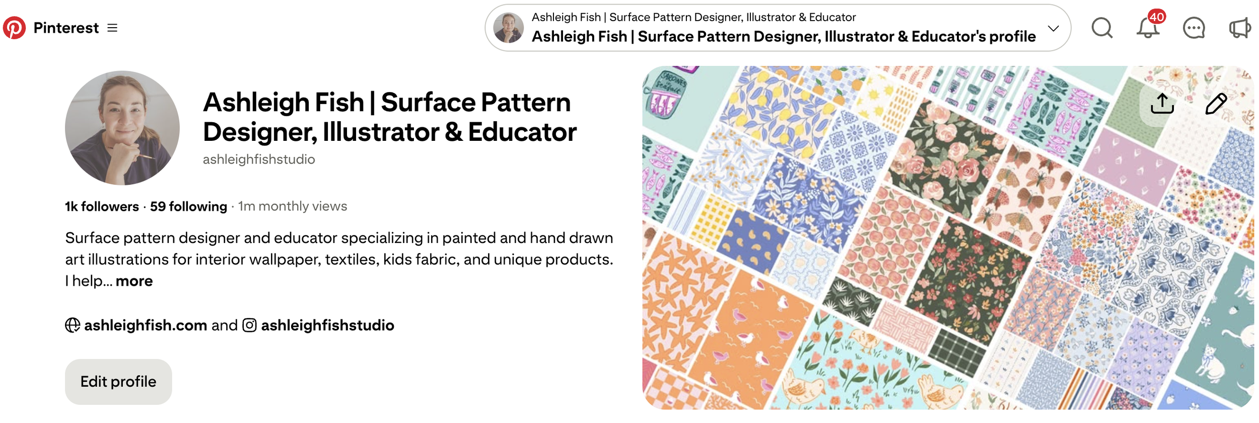 Ashleigh Fish Pinterest profile showing keyword-rich display name and bio for surface pattern designer.