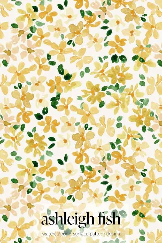 Yellow and green watercolor floral pattern on white background, surface design by Ashleigh Fish.