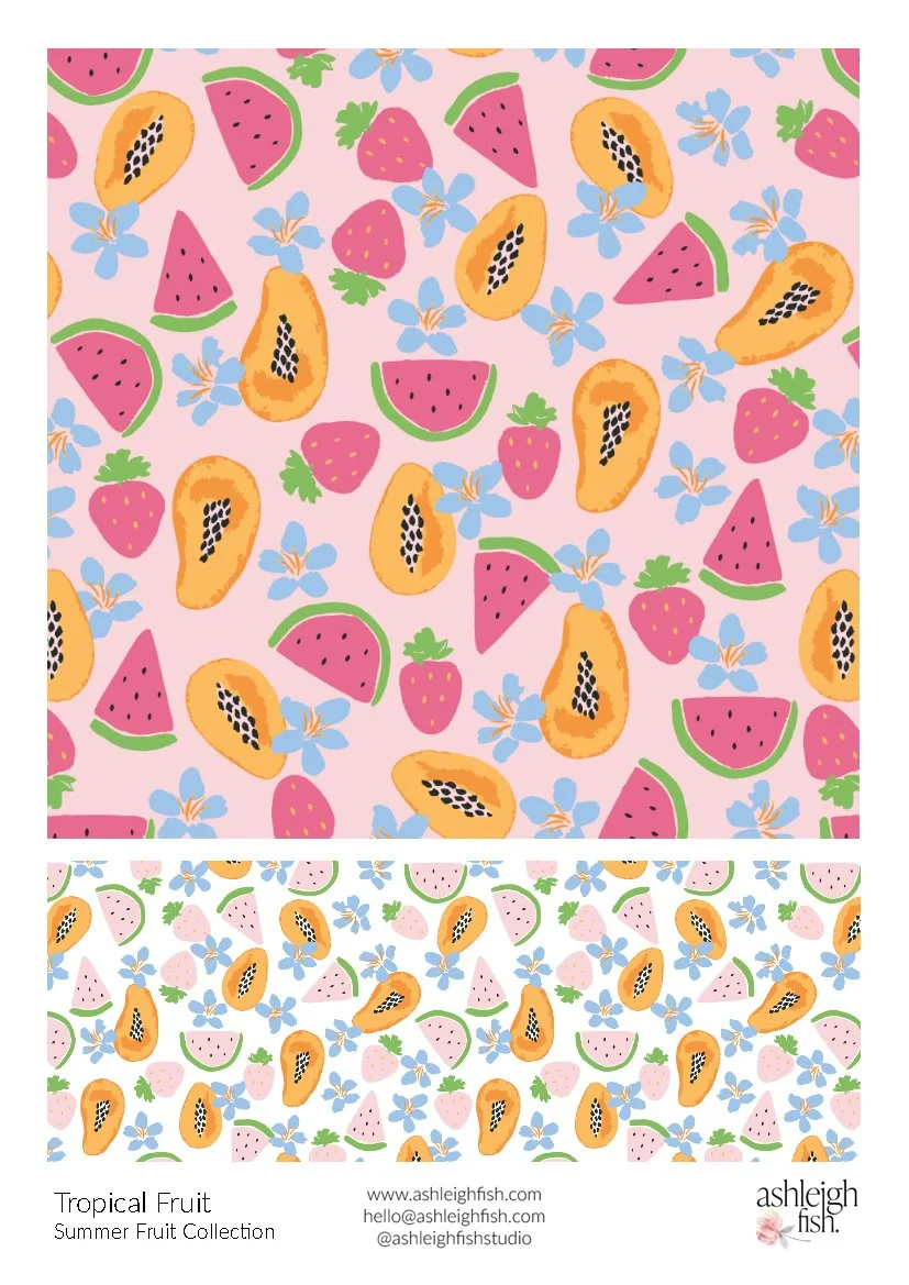 Pattern of tropical fruits including papayas, watermelons, strawberries, and blue flowers on a pastel background. Part of the "Summer Fruit Collection" by Ashleigh Fish.