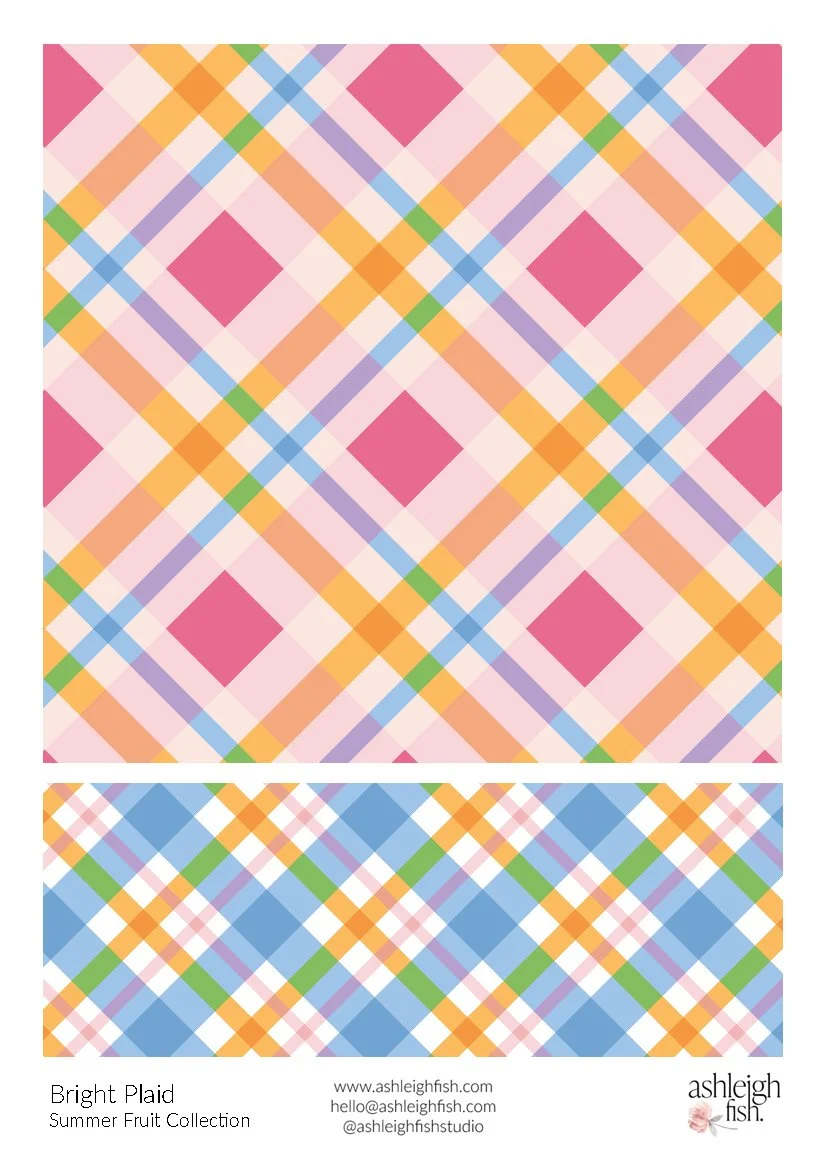 Bright plaid patterns in pink, orange, blue, and green from the "Summer Fruit Collection".
