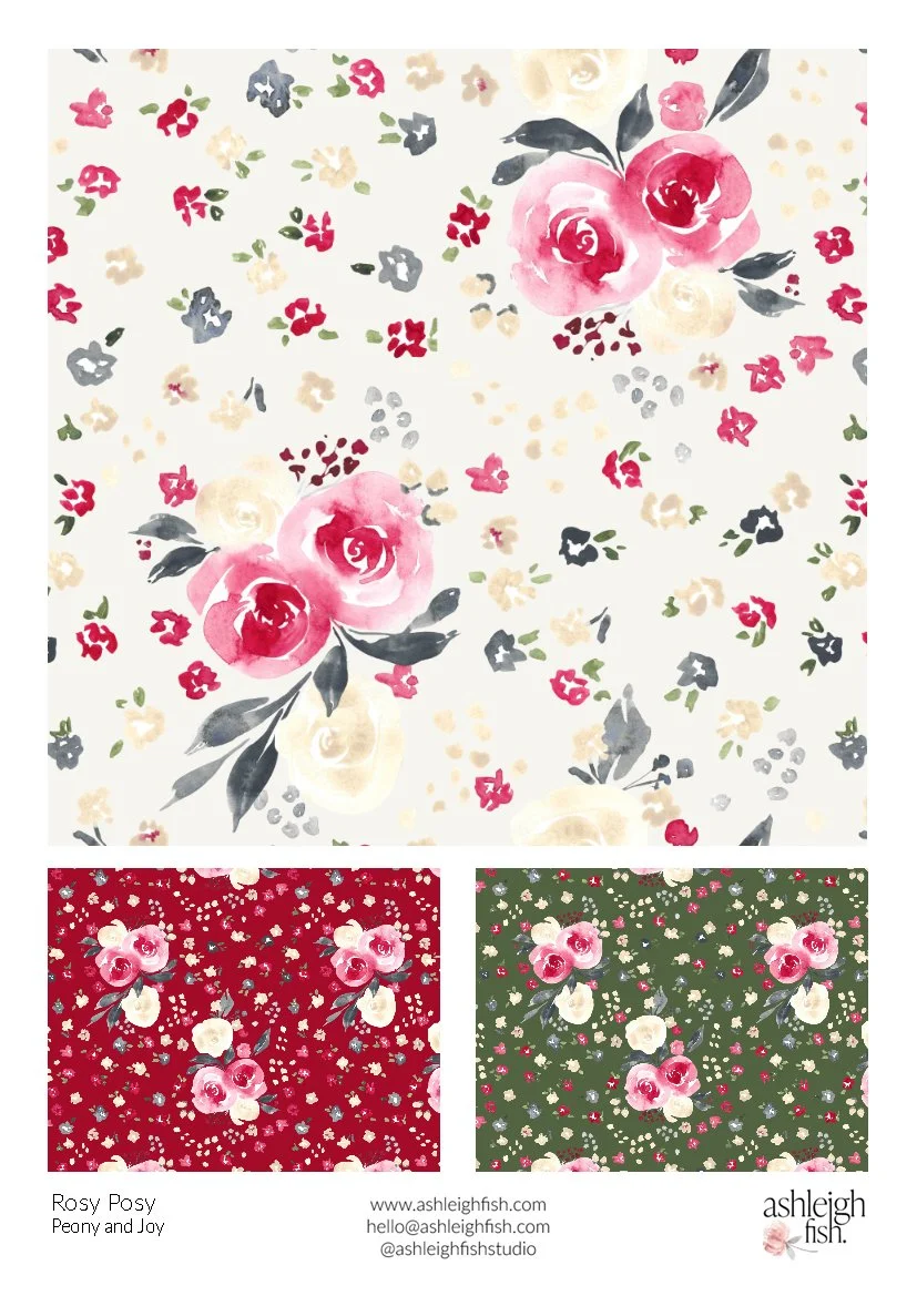 Floral pattern with watercolor-style roses in pink and cream on white, red, and green backgrounds.