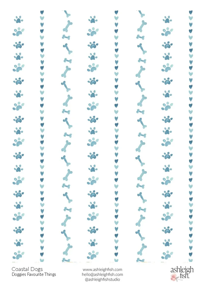 Pattern of vertical lines featuring dog bones, paw prints, and hearts
