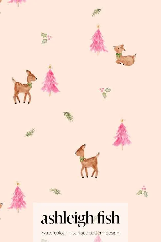 Watercolor pattern with pink Christmas trees, deer, and holly on a cream background, by Ashleigh Fish.
