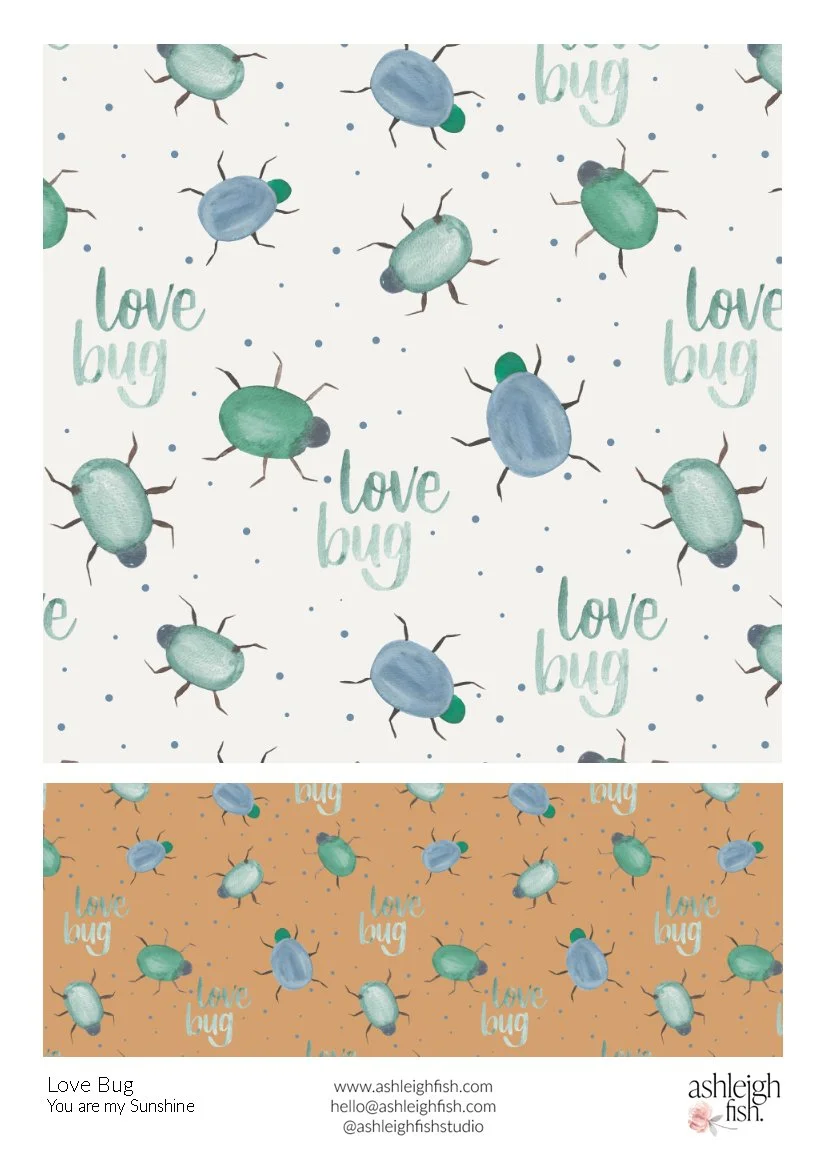 Pattern design featuring watercolor beetles and 'love bug' text on white and tan backgrounds.