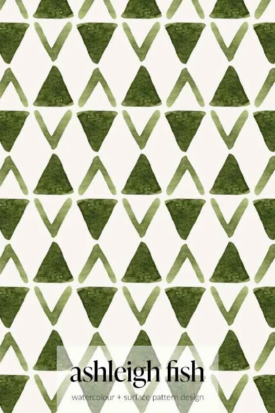 Pattern of green triangles and V shapes on a white background, created by Ashleigh Fish, featuring watercolor and surface pattern design elements.