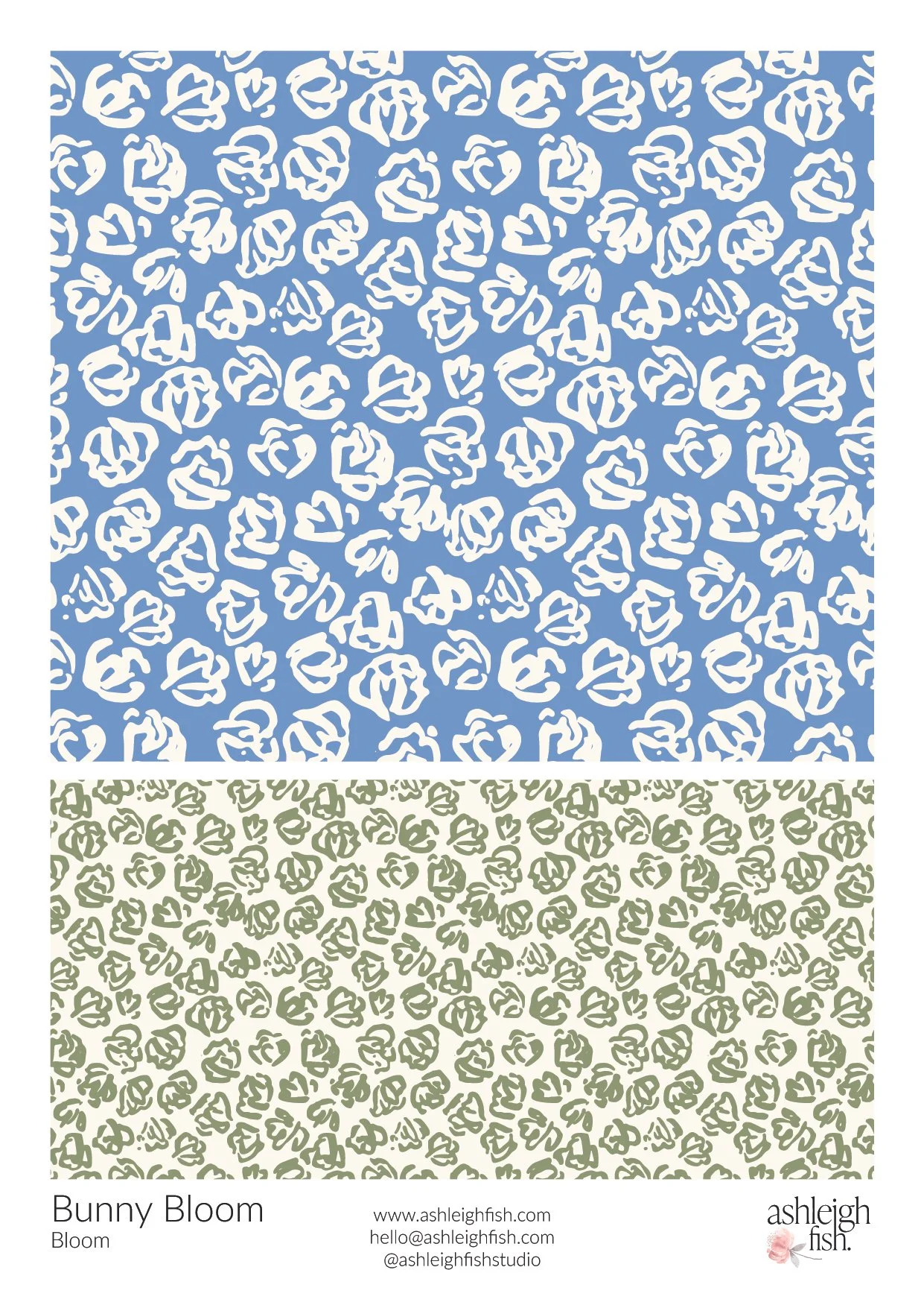 Floral pattern with abstract designs on blue and green backgrounds, titled 'Bunny Bloom.' Contact information for Ashleigh Fish included.