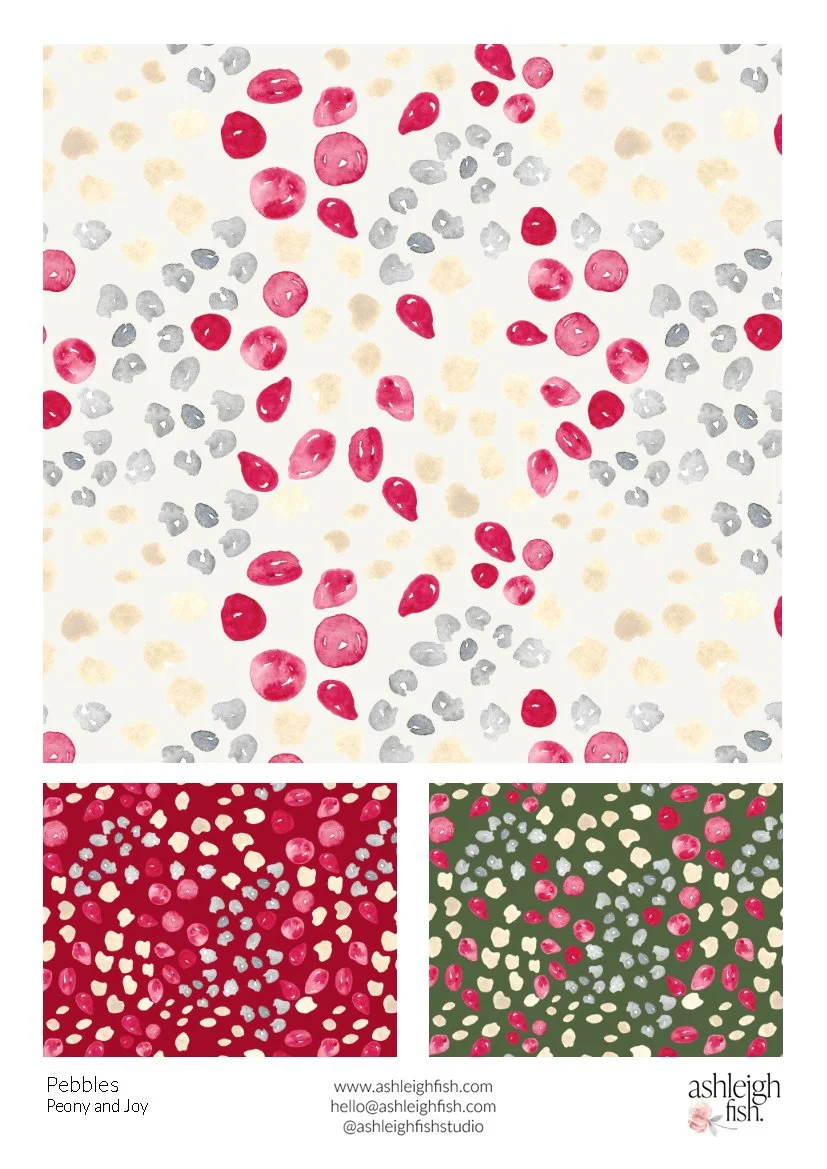 Pattern design featuring red, gray, and beige watercolor dots, resembling pebbles, on varied backgrounds.