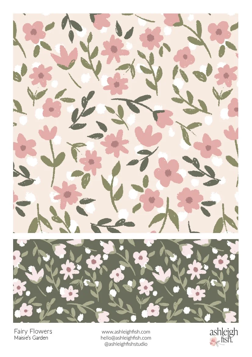 Floral pattern design with pink flowers and green leaves on beige and olive backgrounds, labeled 'Fairy Flowers, Maisie's Garden.' Design by Ashleigh Fish.