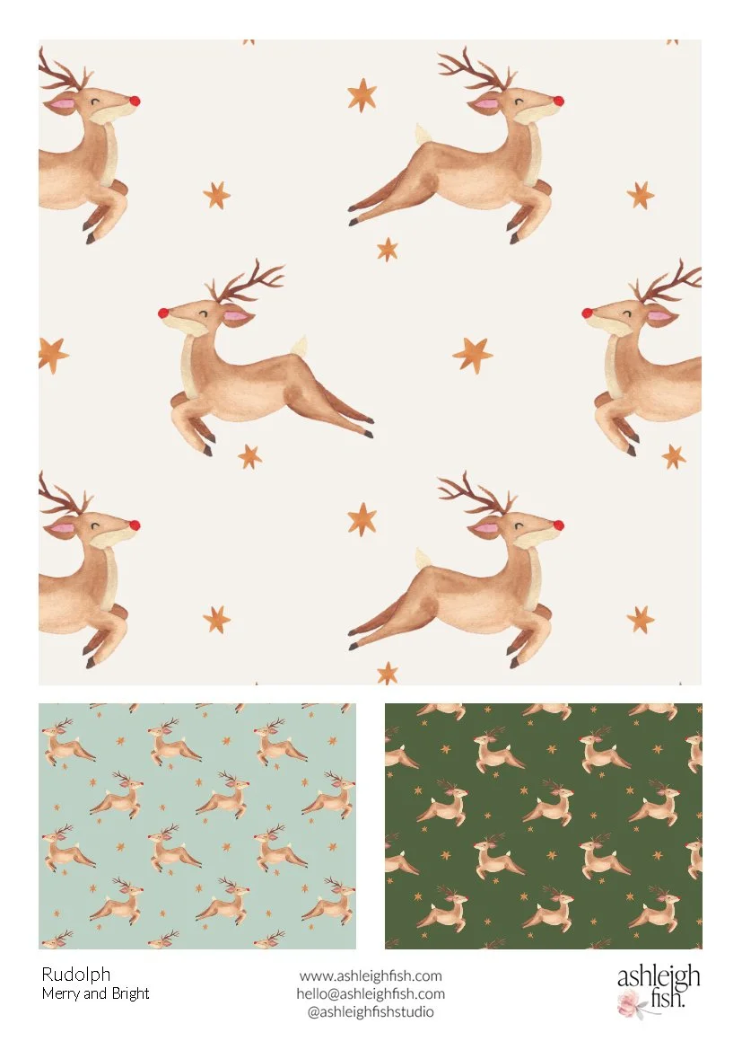 Pattern featuring reindeer with red noses and stars on light, teal, and green backgrounds. Design by Ashleigh Fish.