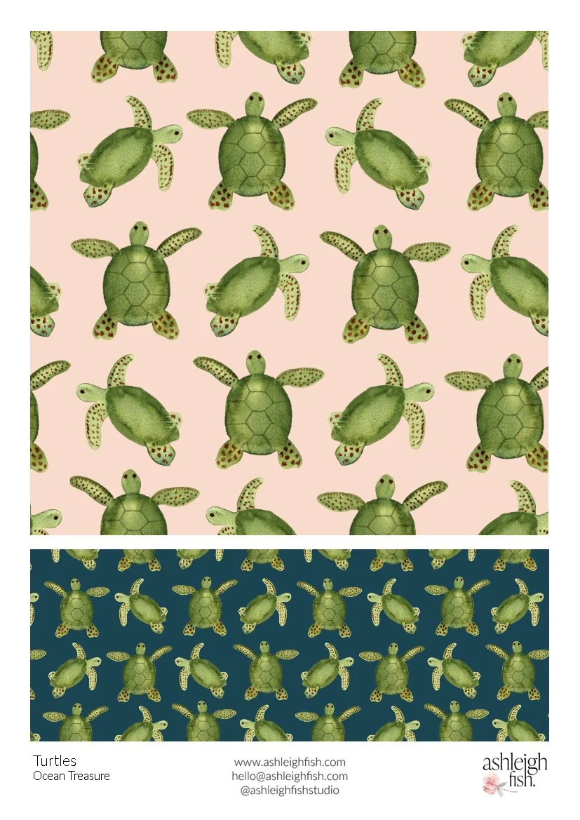 Pattern with green sea turtles, top on light pink background, bottom on navy blue background, by Ashleigh Fish.