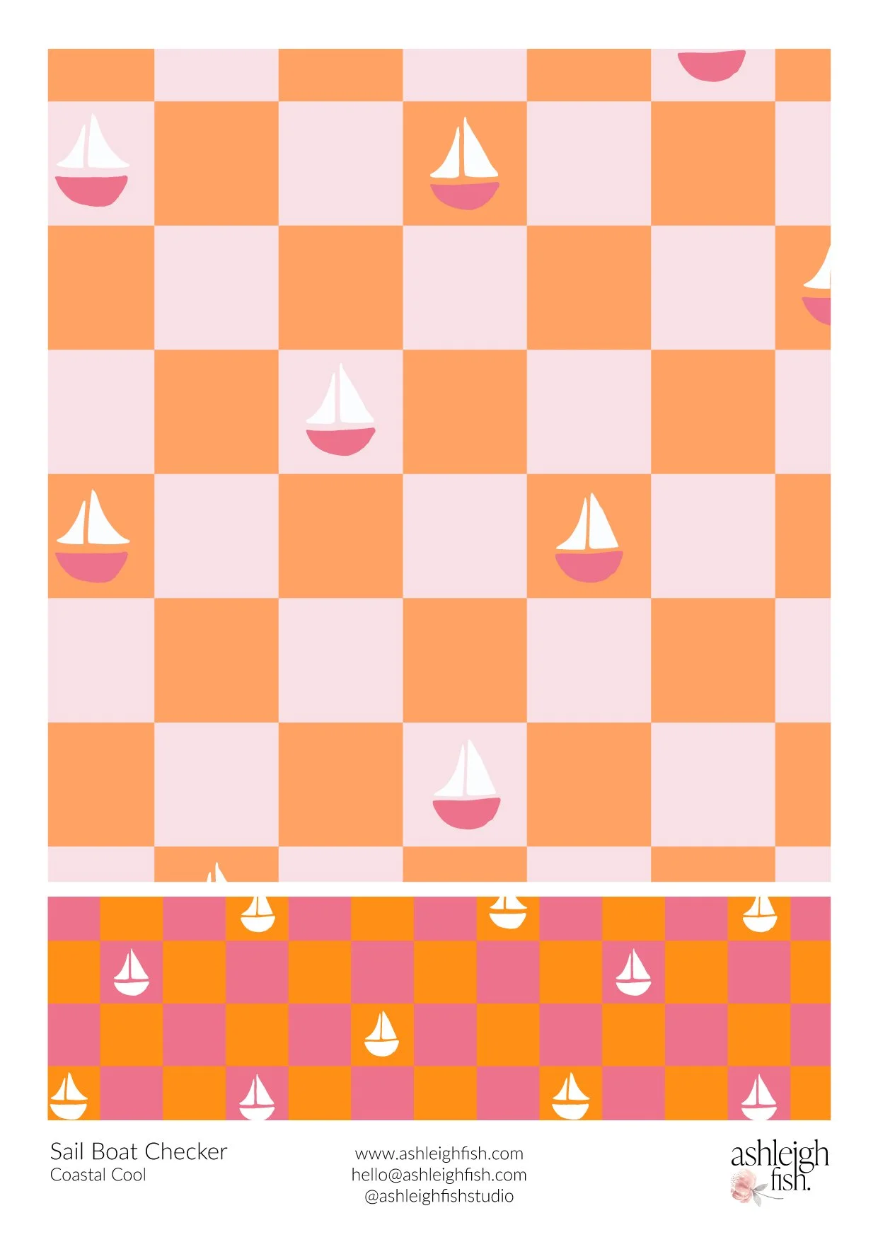 Checker pattern with pink sailboats and alternating peach and light pink squares, branded "Sail Boat Checker" by Ashleigh Fish, contact info included.
