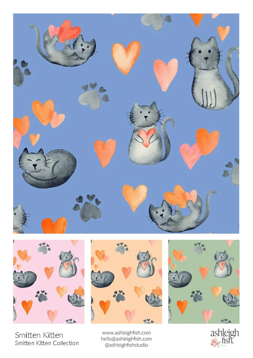 Pattern with watercolor cats, hearts and paw prints on colorful backgrounds.