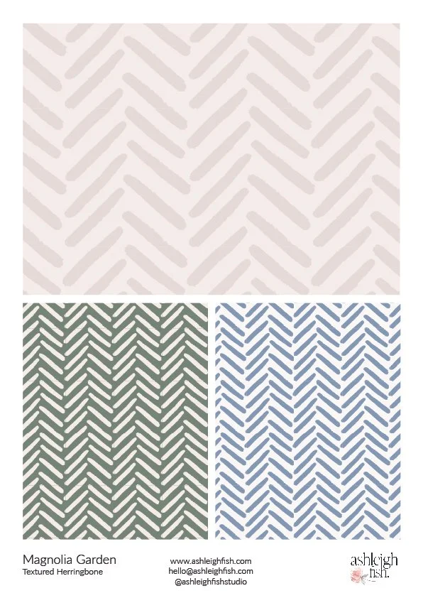 Three herringbone textured patterns in beige, green, and blue.