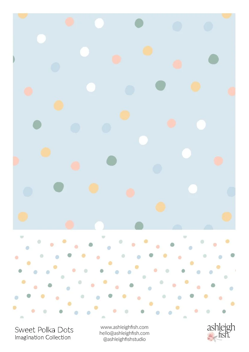 Light blue background with multicolored polka dots in pink, yellow, green, blue, and white, labeled 'Sweet Polka Dots Imagination Collection' by Ashleigh Fish.