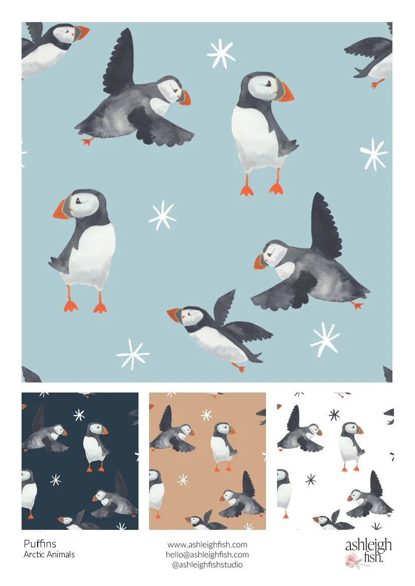 Illustrated puffin pattern designs in three color variations: light blue, dark blue, and tan backgrounds, featuring puffins in various poses with snowflake-like accents. "Puffins Arctic Animals" caption and artist contact details at the bottom.