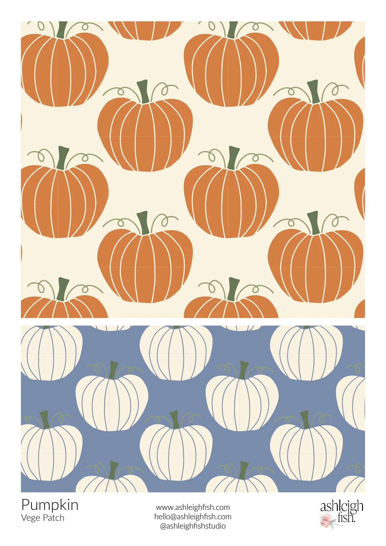 Pattern design featuring orange pumpkins on a light background and white pumpkins on a blue background.
