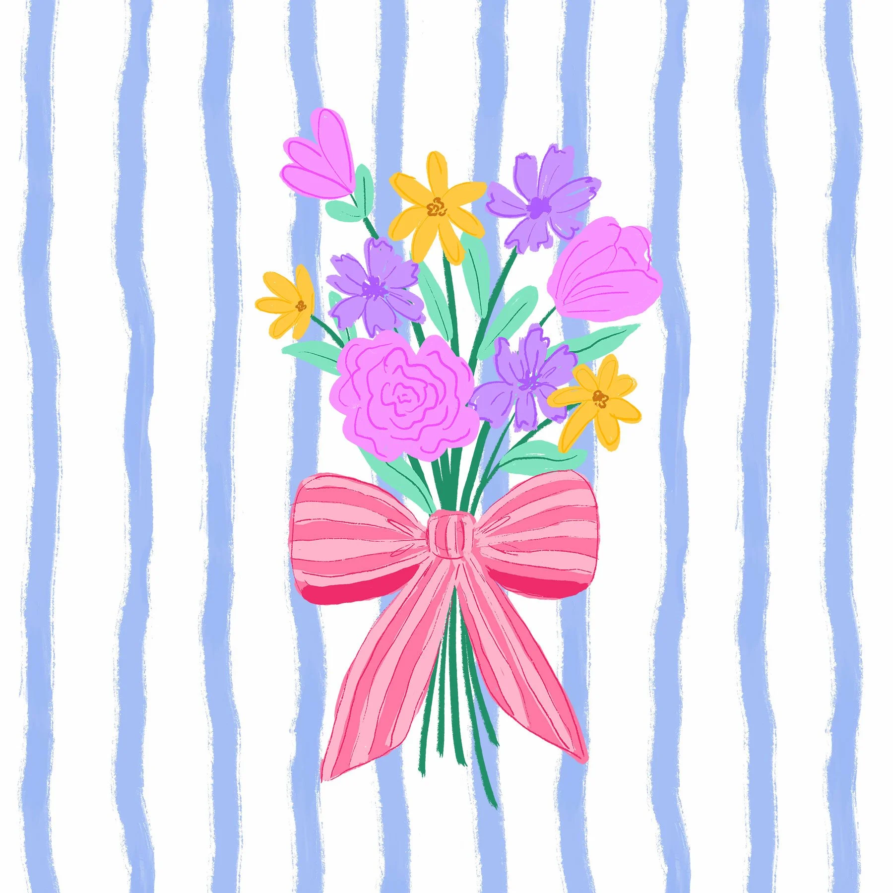 Illustration of a flower bouquet with pink, purple, and yellow flowers tied with a pink striped bow on a blue and white striped background.